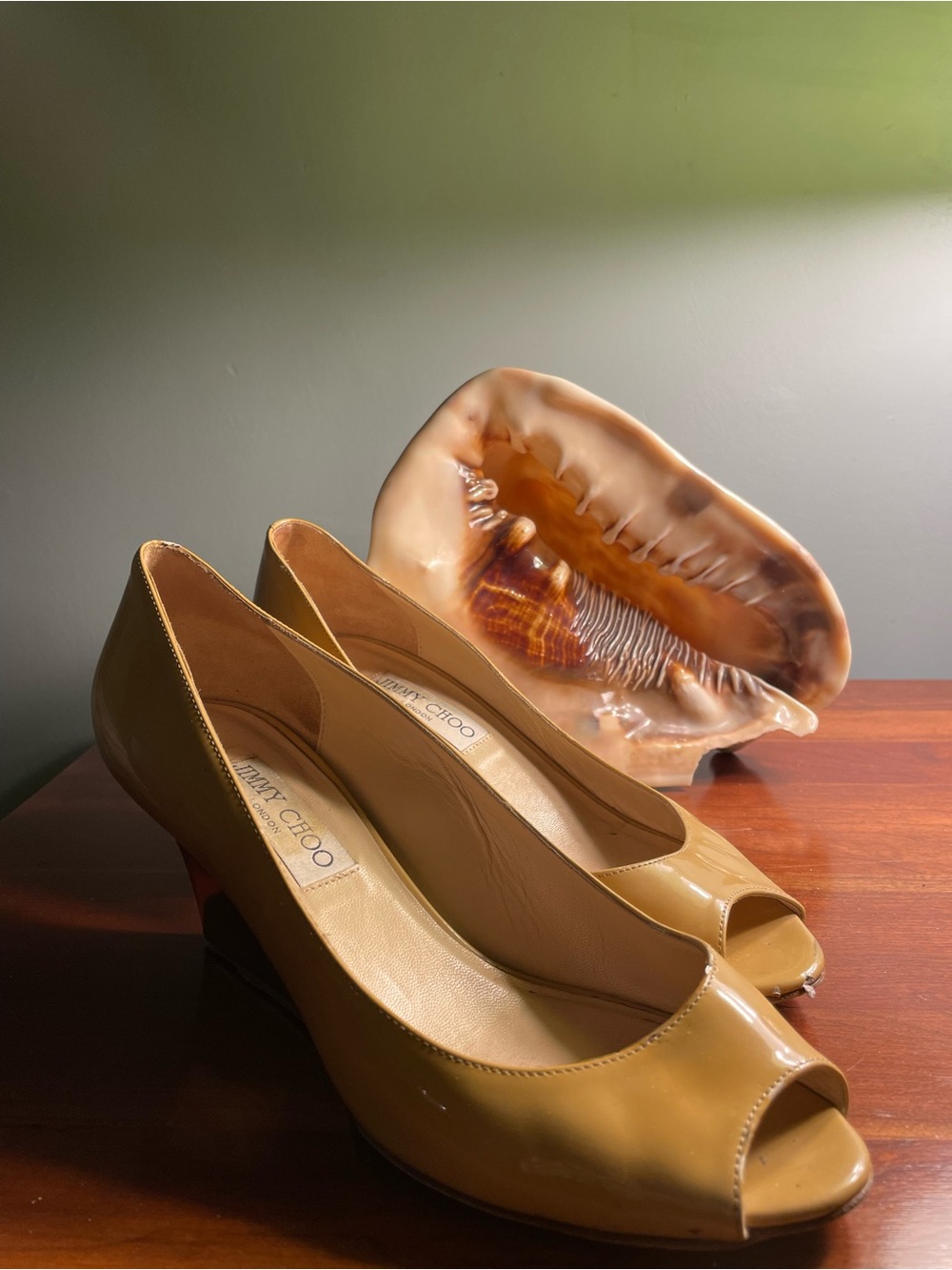 Jimmy Choo Tan Patent Leather Peep-Toe Wedge Pumps
